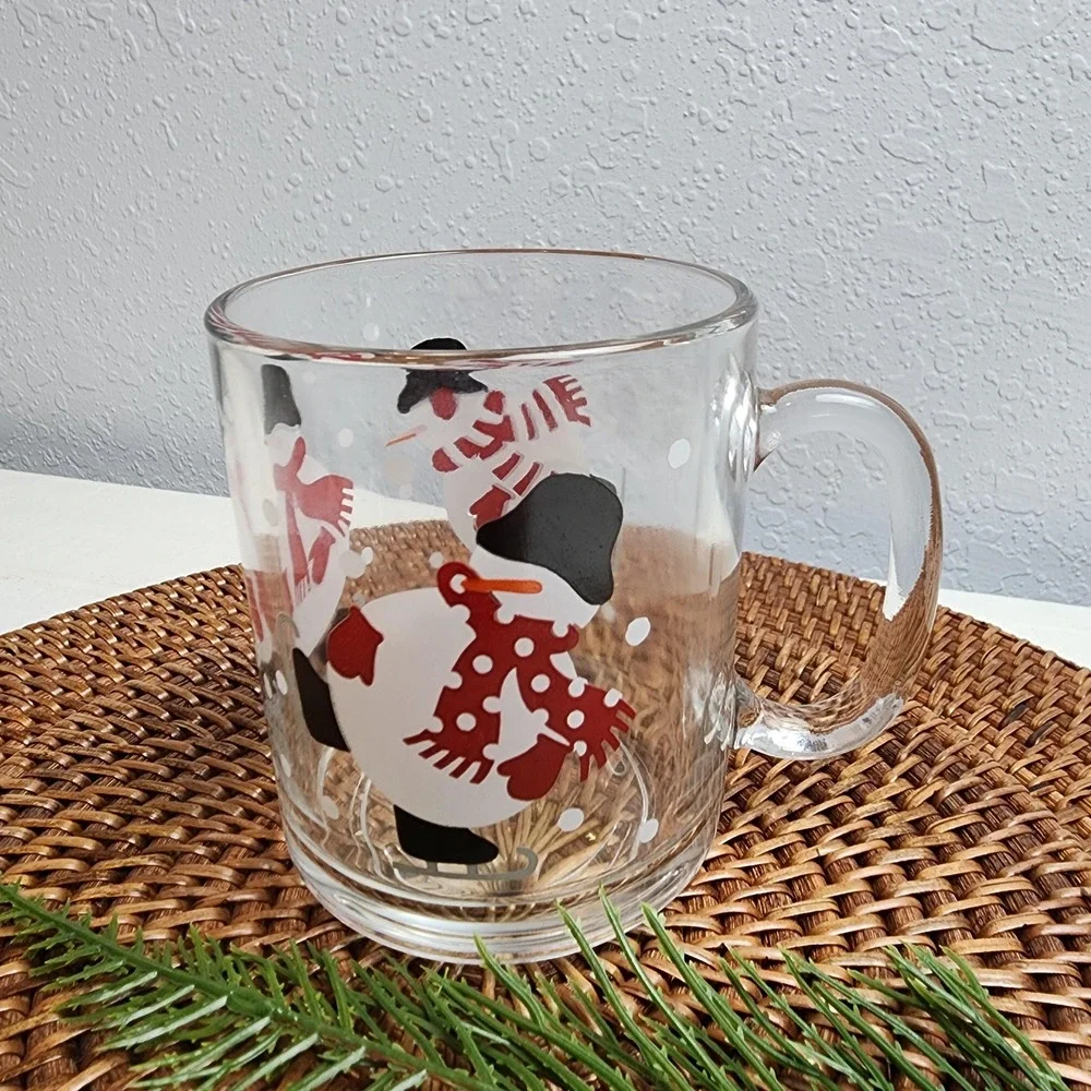 Pair of Luminarc‎ Glass Snowman Mugs by Crate and Barrel, c. 1980, Cute Snowmen!